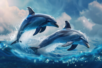 Naklejka premium Dolphins Jumping Out of Water Playful Marine Mammals Enjoying a Sunny Day Stunning Wildlife Photography and Relaxing Ocean Views for Nature Lovers