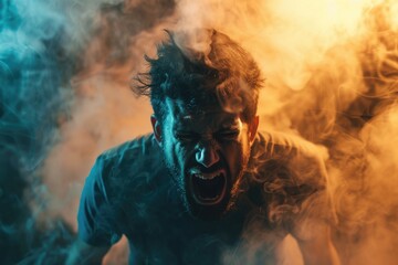 A person caught in the midst of a foggy atmosphere, mouth agape