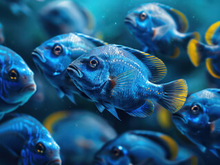 Fototapeta premium Schools of Fish Swimming Together Underwater Harmony in the Ocean Ecosystem Captured in Stunning Images for Marine Enthusiasts, Aquatic Photographers, and Ecosystem Conservation