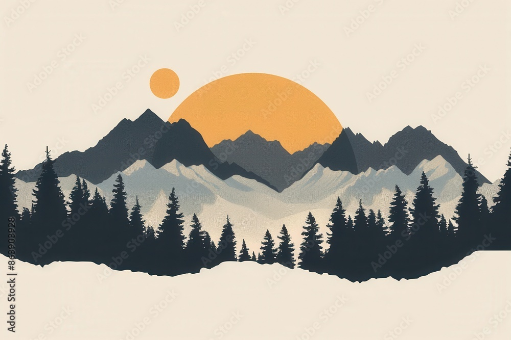 Aufkleber A mountain landscape at dawn with peaks illuminated by the first rays of the sun. The sky is painted in soft pastel hues, creating a tranquil and inspiring scene. Generative AI