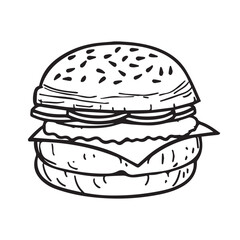 Simple burger logo or icon style for coloring books, black vector illustration on white background