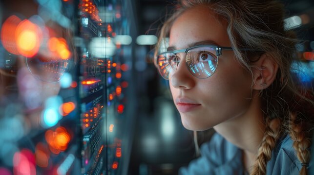 A side view of a technology professional, working in a server room environment. The background features out-of-focus lights representing data processing and high-tech equipment