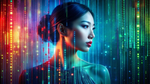 
High quality, 8K Ultra HD. Imagine a bright canvas illuminated by a cascade of colorful binary code forming a silhouette portrait charming asian woman. Dynamic lines and patterns, reminiscent 