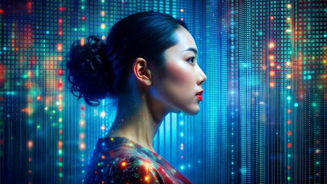
High quality, 8K Ultra HD. Imagine a bright canvas illuminated by a cascade of colorful binary code forming a silhouette portrait charming asian woman. Dynamic lines and patterns, reminiscent 