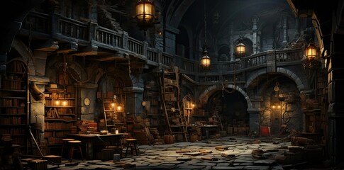 Dark and Mysterious 3D Illustration of an Old Library