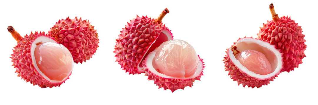 Set of single lychee fruit split open to reveal its luscious and leaves isolated on transparent background