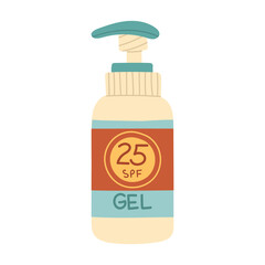 A jar of sunscreen. The gel is in a closed tube with a dispenser. Cosmetics. Face and body care products. The icon of the Spf 25 gel jar. A vector object in a flat style. Retro colors. Isolated object