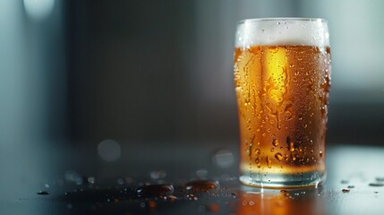 glass with a light layer of beer where the glass is moist from condensation, banner style, copy space
