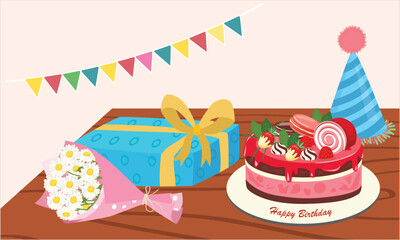 Birthday vector set, including birthday cake, flower bouquet, gift box, party hat. Birthday set on wood table. Flat vector in cartoon style isolated.