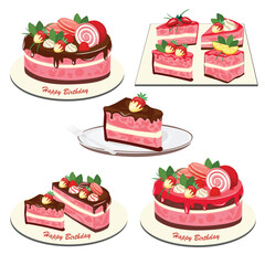 Birthday cake vector set. Slice of cake vector. Strawberry flavor. Sweet food and dessert clipart. Birthday party element. Flat vector in cartoon style isolated on white background.