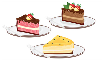 Slice of cake vector set with different flavors and topping. Cake on the plate. Sweet food and dessert. Birthday element. Flat vector in cartoon style isolated on white background.