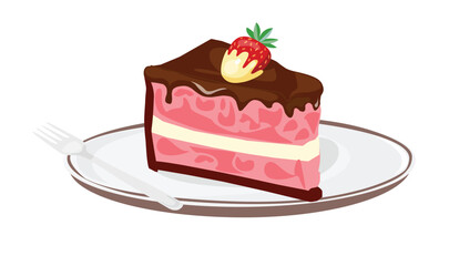 Slice of cake with strawberry flavor and chocolate topping. Sweet food and dessert. Birthday element. Flat vector in cartoon style isolated on white background.