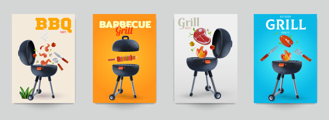 Barbecue background composition in bright realistic 3d style. Set of modern templates for cover flyer, card, banner, poster, invitation. Bbq branding party. Vector illustration.