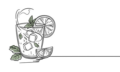 Summer coctail with mint,  continuous line art drawing isolated on white background. Vector illustration	