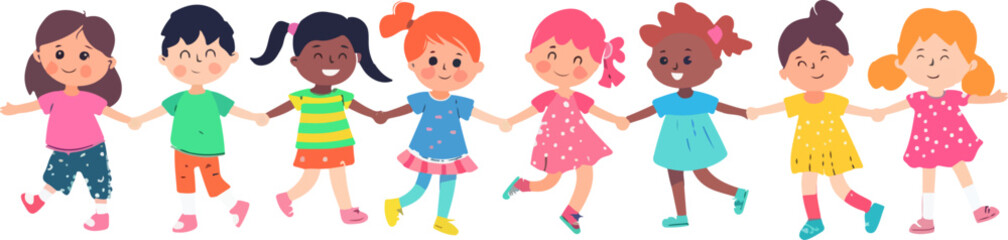 A group of children holding hands in a row