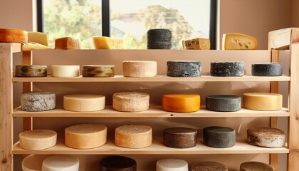 A shelf filled with various types of artisanal cheeses at a gourmet shop.