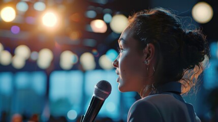 A woman speaks into a microphone in front of a crowd, giving a presentation or making a speech
