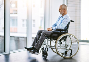 Man, wheelchair and thinking by window for memories, alone and arthritis in rehabilitation....