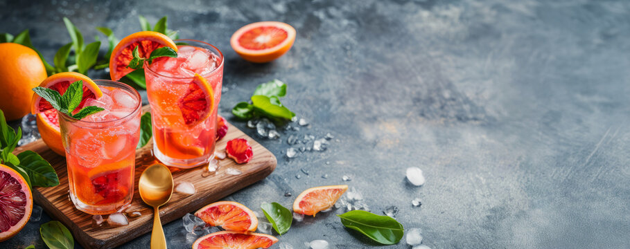 Refreshing blood orange cocktails with mint and ice on stone surface