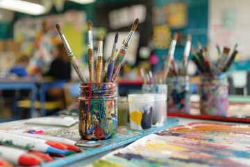 Fototapeta premium Jar filled with paint brushes on a table, useful for artistic and creative projects