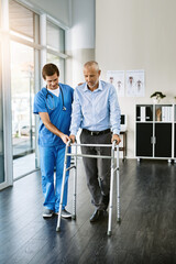 Nurse, support and man with walker for healing, balance training and recovery process. Healthcare, caregiver and physiotherapy for mobility, walking and patient rehabilitation for physical therapy