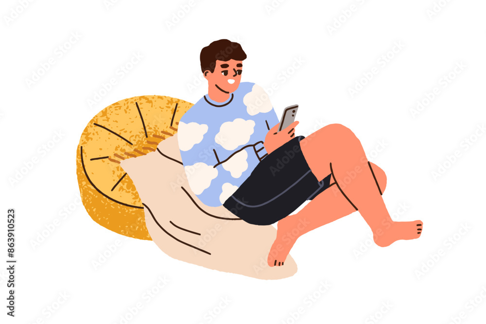 Poster Man using smartphone at home. Happy person relaxing with mobile phone in hand, looking and surfing internet. Enjoying leisure time with gadget. Flat vector illustration isolated on white background