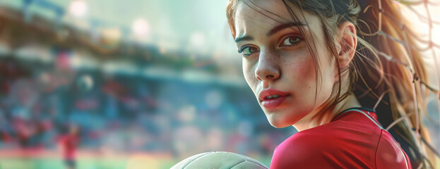 Eye-level angle, selective focus, sportswoman holding a handball, over shoulder shot, vibrant handball field background, slight blur, hyper-realistic digital rendering
