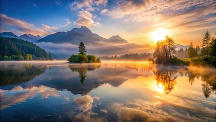 Misty morning sunrise over a tranquil lake surrounded by serene mountains, serenity, dawn, embrace, mist, morning, sunrise, tranquil