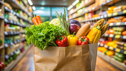 eco paper bag with grocery shopping vegetables on the background of a supermarket