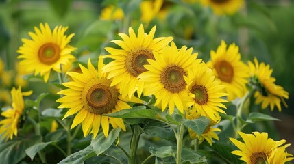 Vivid yellow sunflowers bloom in garden