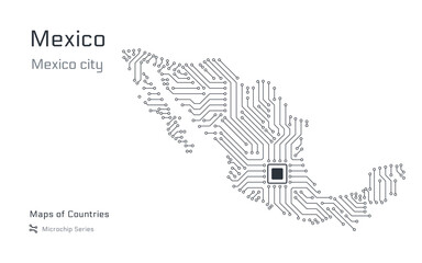 White vector map of Mexico created from a microchip pattern, with the capital Mexico city depicted as a microchip