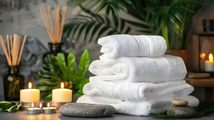 spa salon concept with white towels, candles, aroma oil, cream, massage stones and fresh green plants in eco-friendly style