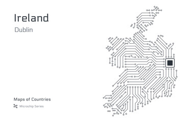White vector map of Ireland created from a microchip pattern, with the capital Dublin depicted as a microchip