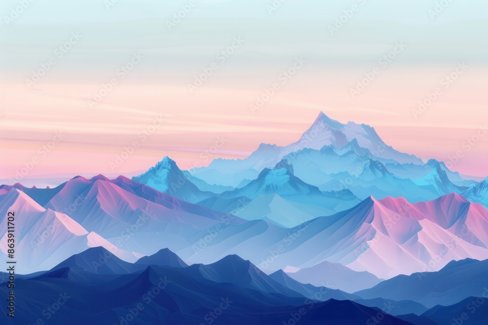 Poster serene mountain landscape at dawn, with the first rays of sunlight illuminating the peaks. soft past