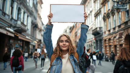 A young woman on a city street shows a large empty sign above her head. Street protests and demonstrations concept, banner with copy space