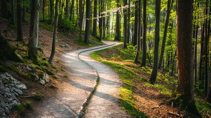 Fototapeta premium A view of a hiking trail winding through a forest, promoting the benefits of outdoor exercise and exploration.
