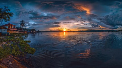 Photo of sunrise at Mahakham River Samarinda City There's a boat moored.