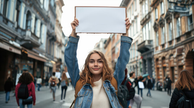 A young woman on a city street shows a large empty sign above her head. Street protests and demonstrations concept, banner with copy space