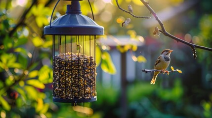 A close-up of a bird feeder filled with seeds, attracting birds and promoting wildlife observation.