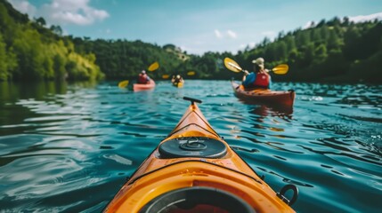 A view of a group of friends kayaking on a lake, showcasing the enjoyment and camaraderie of outdoor activities.
