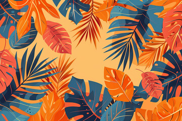Abstract Orange Summer Pattern With Copy Space for Text. Bright Tropical Leaves