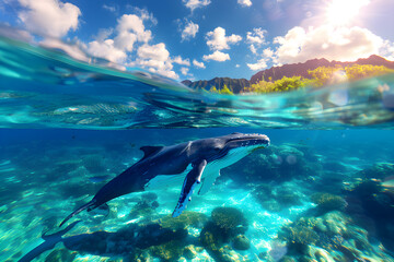 Graceful Humpback Whale Swimming in Crystal Clear Tropical Waters Near Mountainous Island.