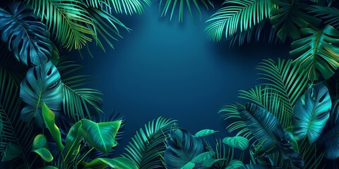 Lush Tropical Leaves Against Dark Background with Blue and Green Tones