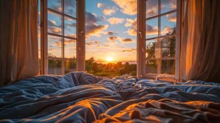 A view of a sunrise through a bedroom window, symbolizing the awakening and renewal associated with a good night's sleep.