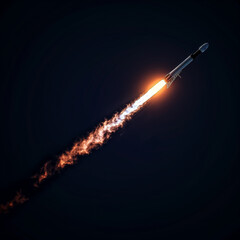 A powerful Falcon Heavy rocket streaks skyward at night, leaving a trail of orange flame and smoke behind it.