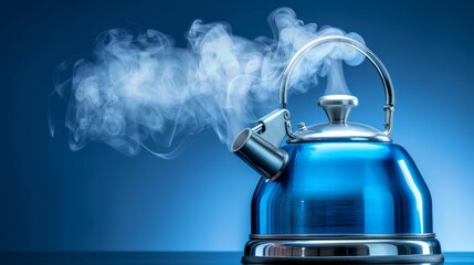 Ethereal blue kettle releasing radiant steam, creating a mystical and enchanting ambiance