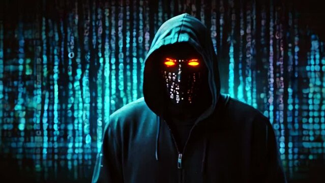 This is a hacker of a person in a dark hoodie with a mask covering their face