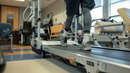A view of a patient using a treadmill for rehabilitation, showcasing the use of equipment to promote recovery and regain fitness.