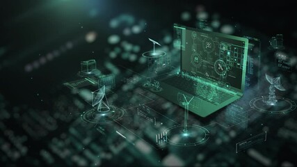 Laptop's digital realm with 3D animated charts. - Powered by Adobe