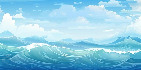 Ocean Waves Illustration with Blue Sky and Clouds